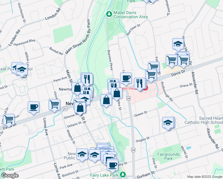 map of restaurants, bars, coffee shops, grocery stores, and more near 531 York Regional Road 31 in Newmarket