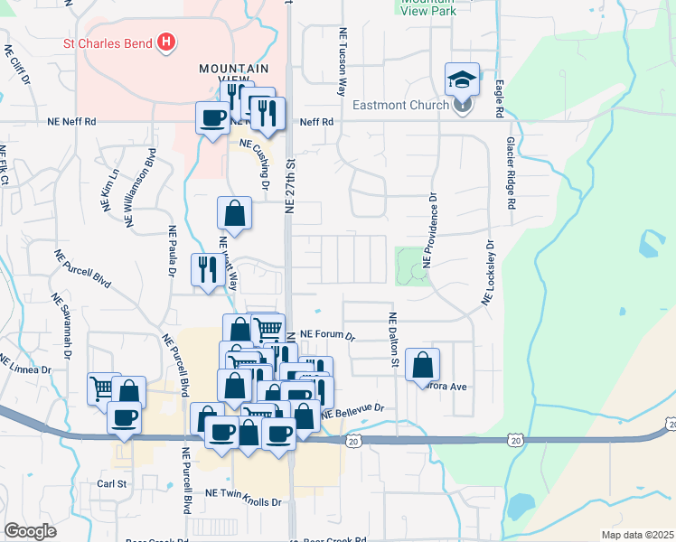 map of restaurants, bars, coffee shops, grocery stores, and more near 1188 Northeast 27th Street in Bend