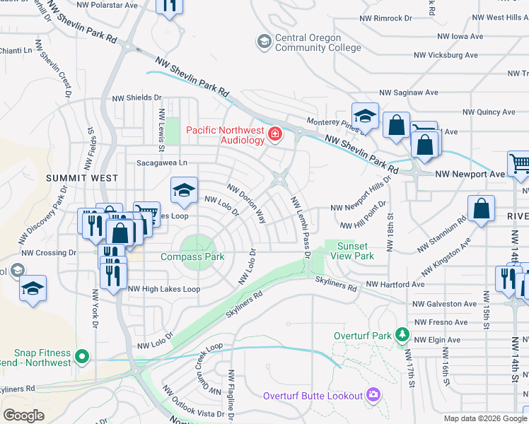 map of restaurants, bars, coffee shops, grocery stores, and more near 2334 Northwest Dorion Way in Bend