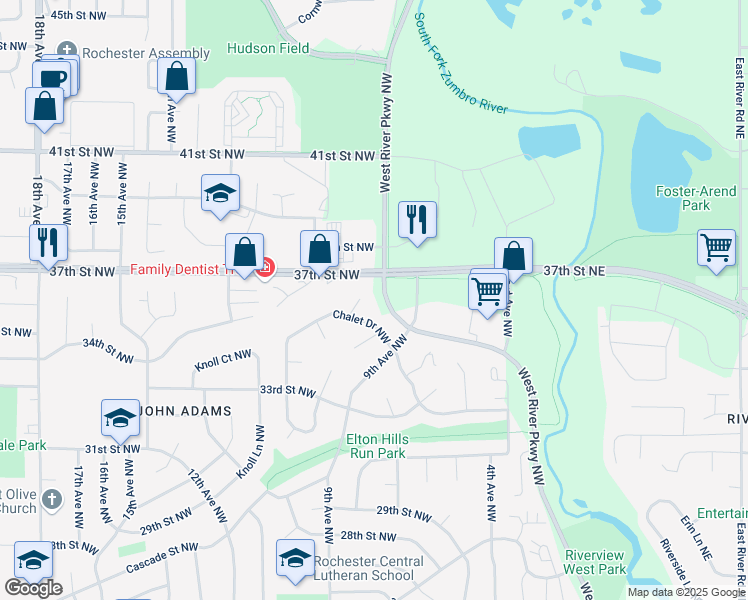 map of restaurants, bars, coffee shops, grocery stores, and more near 3527 9 1/2 Avenue Northwest in Rochester