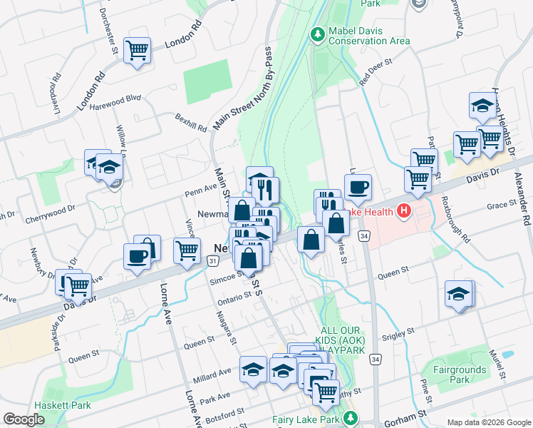 map of restaurants, bars, coffee shops, grocery stores, and more near 465 Davis Drive in Newmarket
