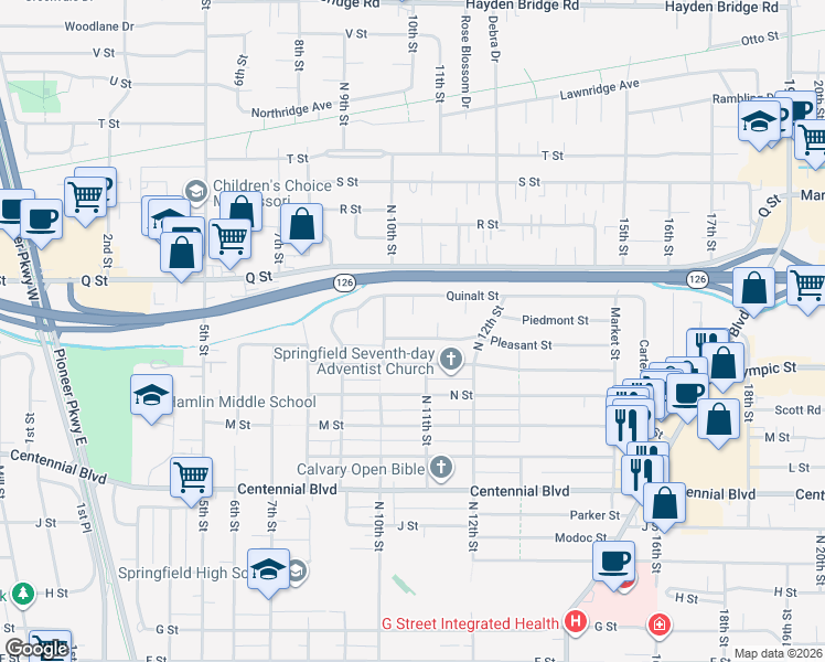 map of restaurants, bars, coffee shops, grocery stores, and more near 1092 Pleasant Street in Springfield