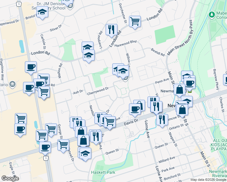 map of restaurants, bars, coffee shops, grocery stores, and more near 94 Longford Drive in Newmarket