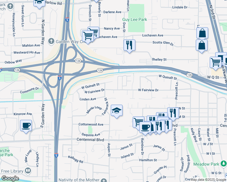 map of restaurants, bars, coffee shops, grocery stores, and more near 1230 West Fairview Drive in Springfield