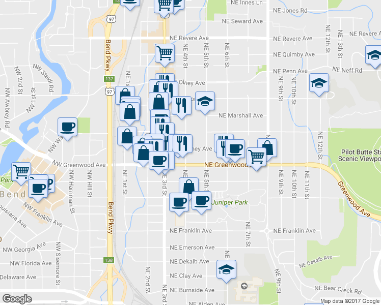 map of restaurants, bars, coffee shops, grocery stores, and more near 1080 Northeast 4th Street in Bend