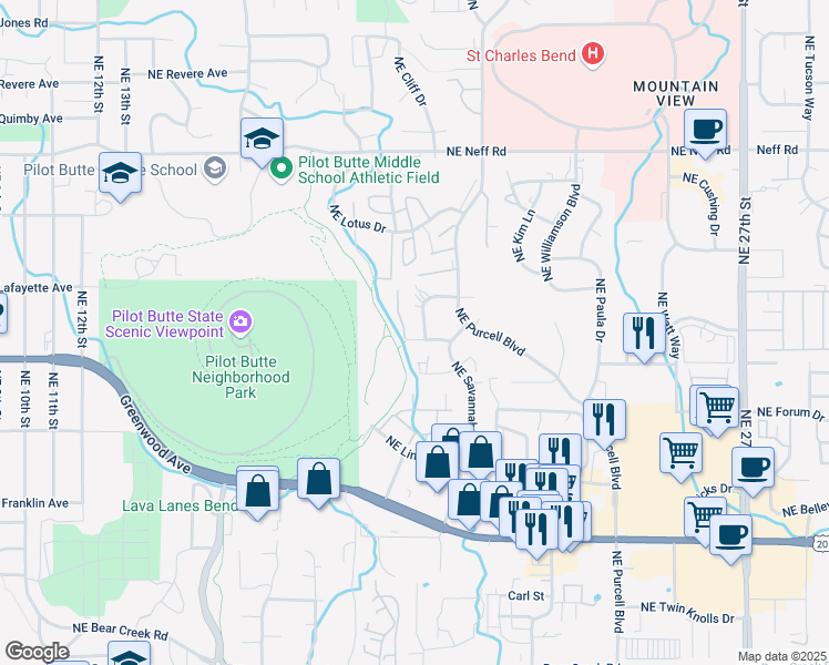 map of restaurants, bars, coffee shops, grocery stores, and more near 1932 Northeast Sams Loop in Bend