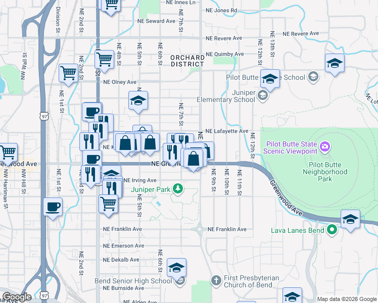 map of restaurants, bars, coffee shops, grocery stores, and more near 745 Northeast Kearney Avenue in Bend
