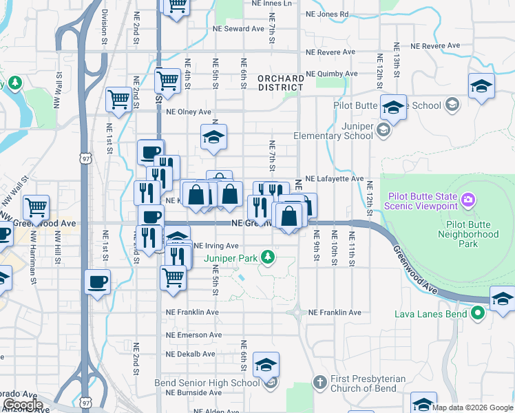 map of restaurants, bars, coffee shops, grocery stores, and more near 654 Northeast Kearney Avenue in Bend