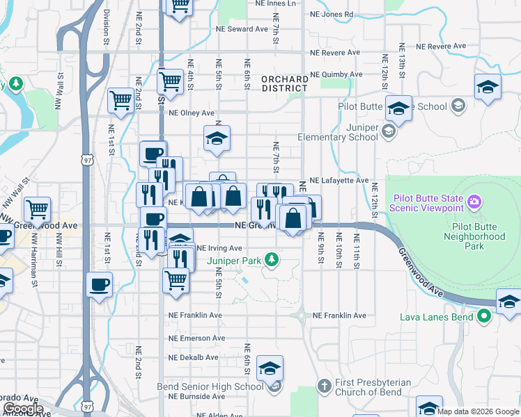 map of restaurants, bars, coffee shops, grocery stores, and more near 654 Northeast Kearney Avenue in Bend