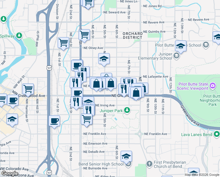 map of restaurants, bars, coffee shops, grocery stores, and more near 1111 Northeast 6th Street in Bend