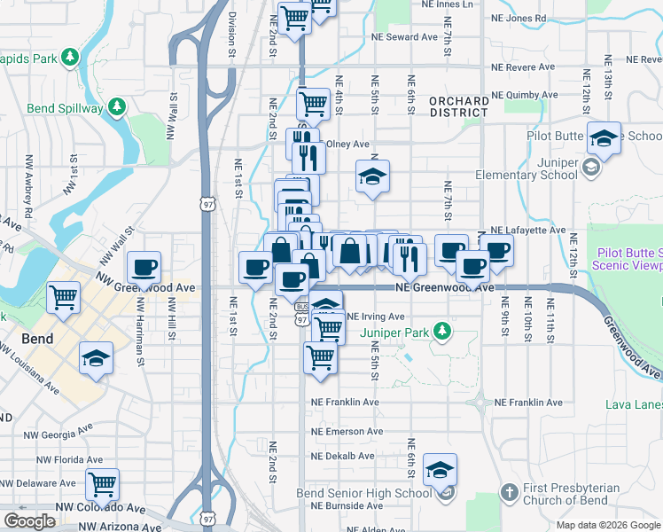 map of restaurants, bars, coffee shops, grocery stores, and more near 1080 Northeast 4th Street in Bend