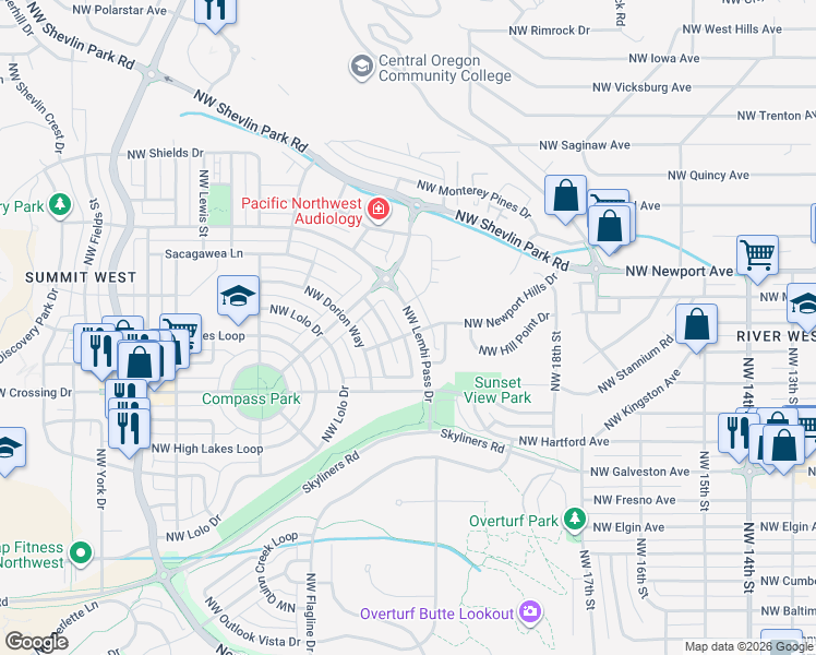 map of restaurants, bars, coffee shops, grocery stores, and more near 2179 Northwest Lemhi Pass Drive in Bend