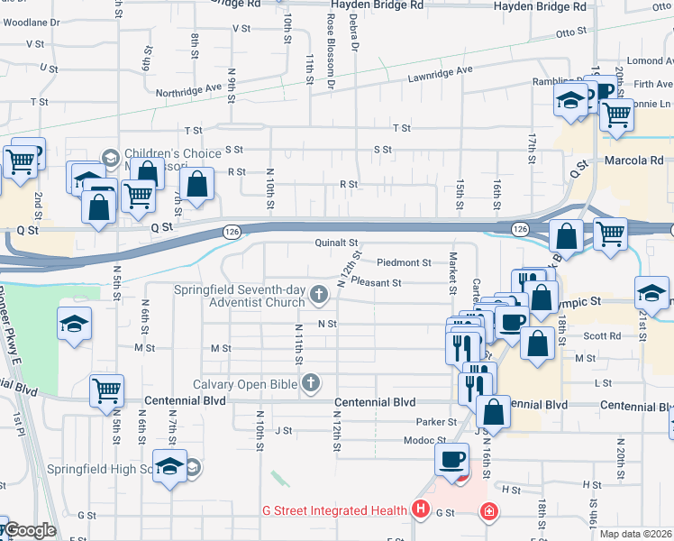 map of restaurants, bars, coffee shops, grocery stores, and more near 1159 Quinalt Street in Springfield