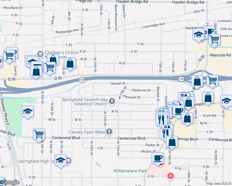 map of restaurants, bars, coffee shops, grocery stores, and more near 1159 Quinalt Street in Springfield