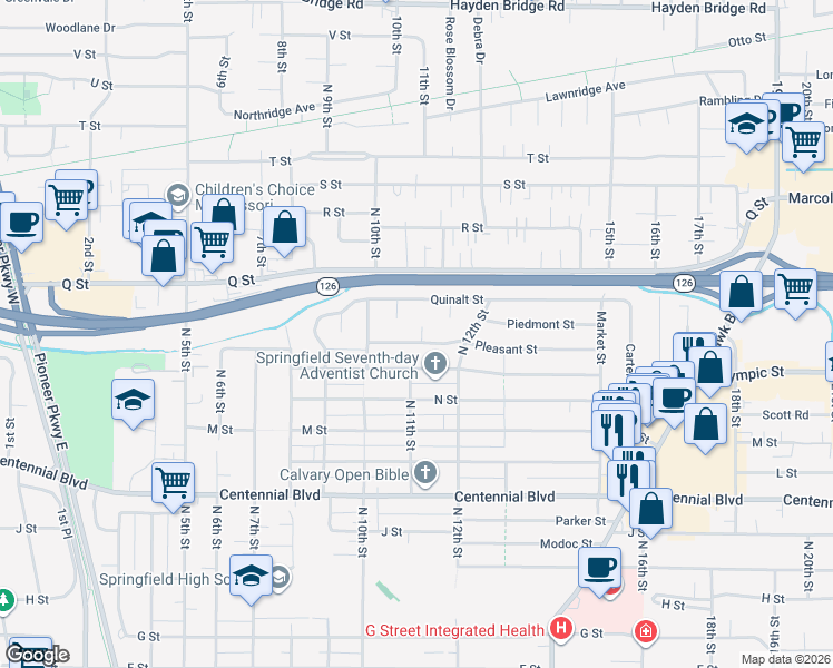 map of restaurants, bars, coffee shops, grocery stores, and more near 1092 Pleasant Street in Springfield