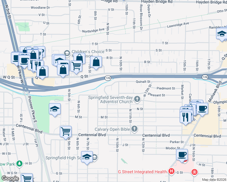 map of restaurants, bars, coffee shops, grocery stores, and more near 975 Quinalt Street in Springfield