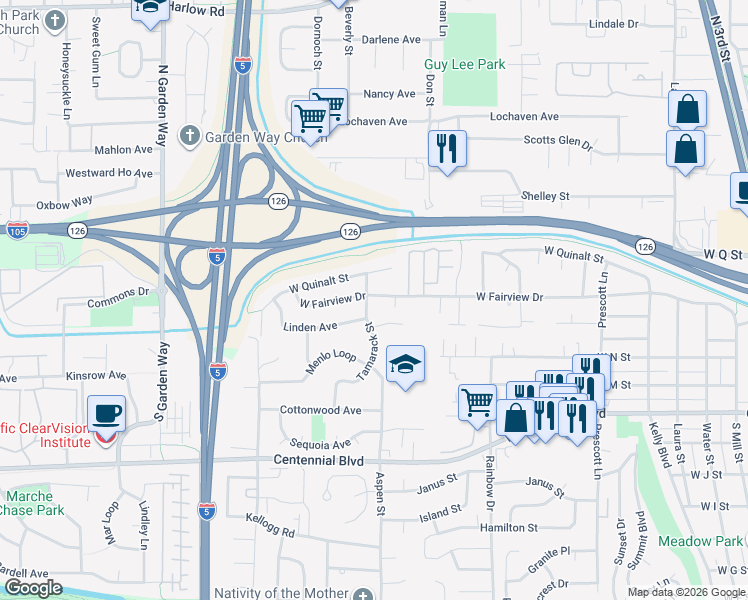 map of restaurants, bars, coffee shops, grocery stores, and more near 1308 West Fairview Drive in Springfield