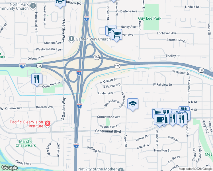 map of restaurants, bars, coffee shops, grocery stores, and more near 1519 West Quinalt Street in Springfield