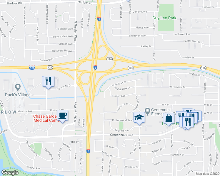 map of restaurants, bars, coffee shops, grocery stores, and more near 1616 West Quinalt Street in Springfield