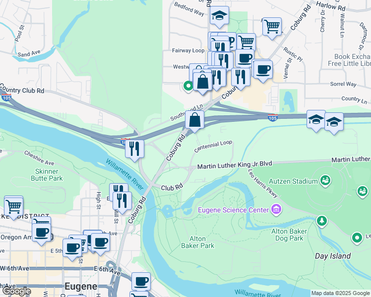 map of restaurants, bars, coffee shops, grocery stores, and more near 55 Coburg Road in Eugene