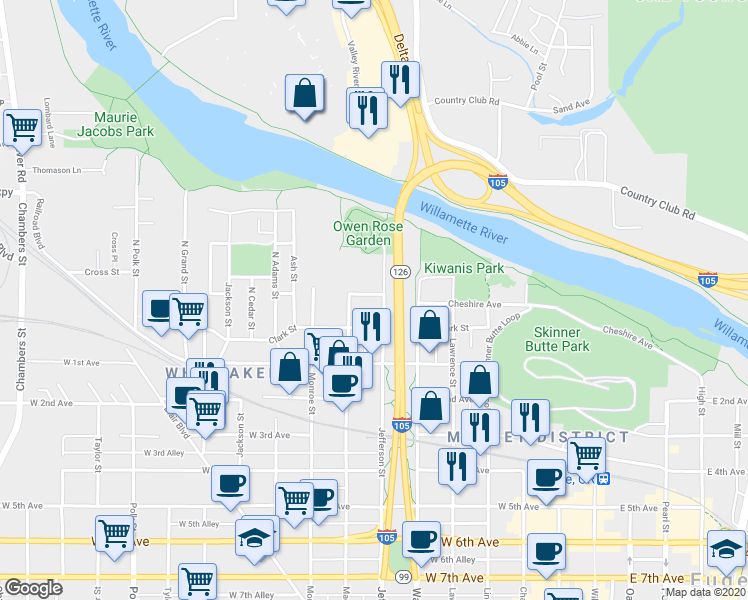 map of restaurants, bars, coffee shops, grocery stores, and more near 116 North Jefferson Street in Eugene