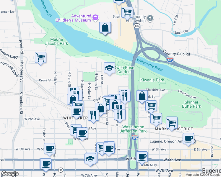 map of restaurants, bars, coffee shops, grocery stores, and more near 100 North Monroe Street in Eugene