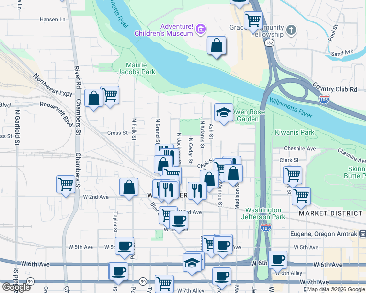 map of restaurants, bars, coffee shops, grocery stores, and more near 75 Jackson Street in Eugene