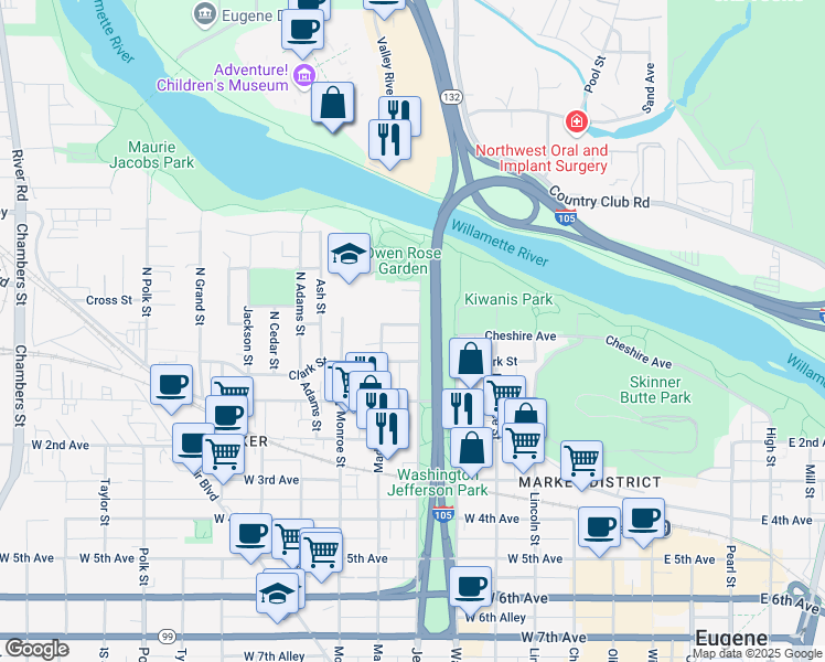 map of restaurants, bars, coffee shops, grocery stores, and more near 84 North Jefferson Street in Eugene