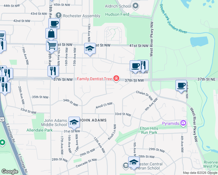 map of restaurants, bars, coffee shops, grocery stores, and more near 1100 37th Street Northwest in Rochester