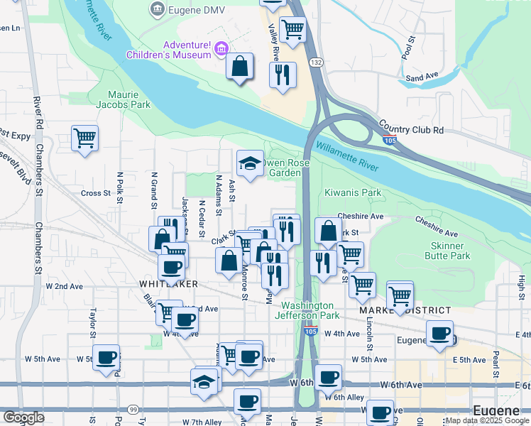 map of restaurants, bars, coffee shops, grocery stores, and more near 88 North Madison Street in Eugene