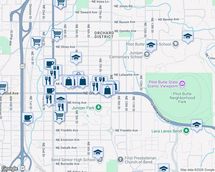 map of restaurants, bars, coffee shops, grocery stores, and more near 745 Northeast Kearney Avenue in Bend