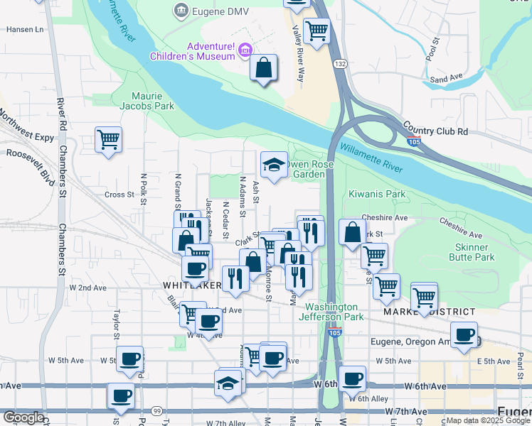 map of restaurants, bars, coffee shops, grocery stores, and more near 100 North Monroe Street in Eugene