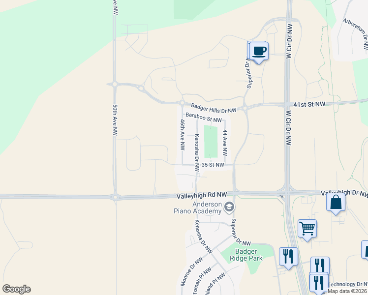 map of restaurants, bars, coffee shops, grocery stores, and more near 3681 46 Avenue Northwest in Rochester
