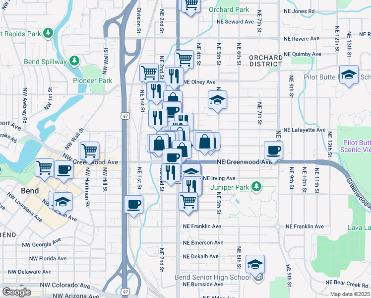 map of restaurants, bars, coffee shops, grocery stores, and more near 325 Northeast Kearney Avenue in Bend
