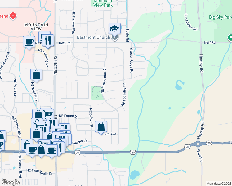 map of restaurants, bars, coffee shops, grocery stores, and more near 3151 Northeast Barrington Court in Bend