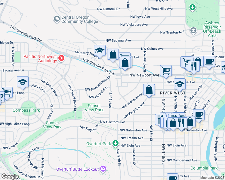 map of restaurants, bars, coffee shops, grocery stores, and more near 1234 Northwest 18th Street in Bend