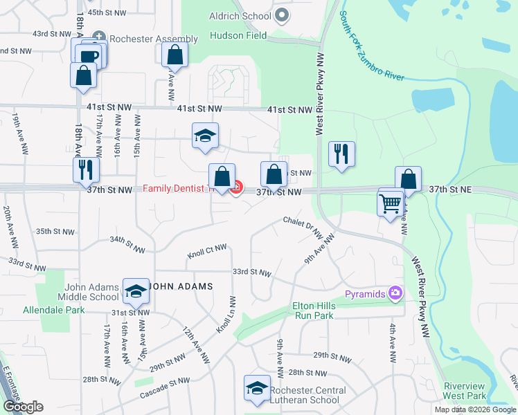 map of restaurants, bars, coffee shops, grocery stores, and more near 3626 10th Lane Northwest in Rochester