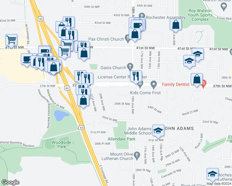 map of restaurants, bars, coffee shops, grocery stores, and more near 1853 36th Street Northwest in Rochester