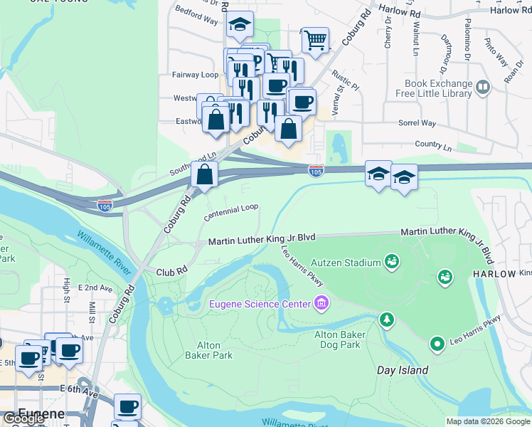 map of restaurants, bars, coffee shops, grocery stores, and more near 87 Centennial Loop in Eugene