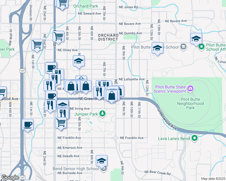 map of restaurants, bars, coffee shops, grocery stores, and more near 755 Northeast Kearney Avenue in Bend