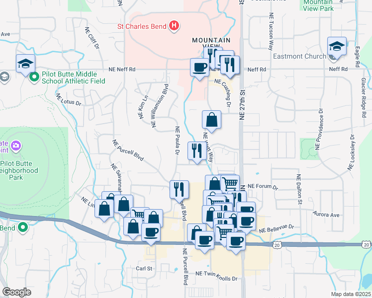 map of restaurants, bars, coffee shops, grocery stores, and more near 2342 Northeast Mary Rose Place in Bend
