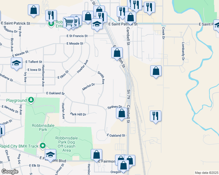 map of restaurants, bars, coffee shops, grocery stores, and more near 2514 Smith Avenue in Rapid City