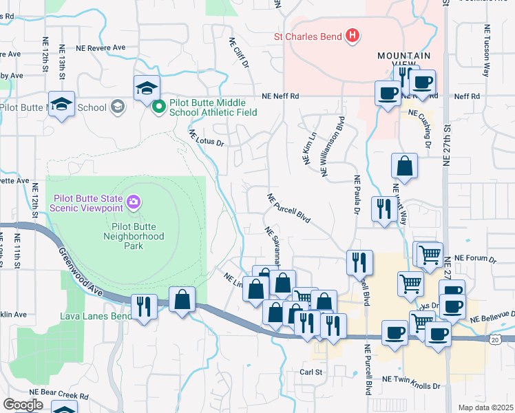 map of restaurants, bars, coffee shops, grocery stores, and more near 1085 Northeast Purcell Boulevard in Bend