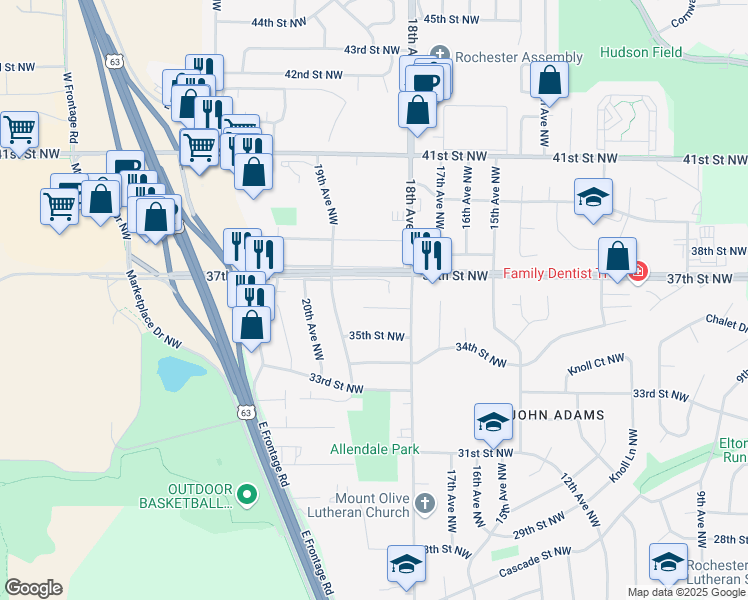 map of restaurants, bars, coffee shops, grocery stores, and more near 1826 37th Street Northwest in Rochester
