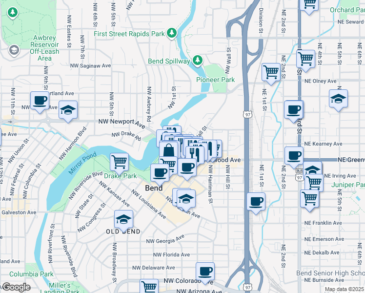 map of restaurants, bars, coffee shops, grocery stores, and more near 106 Northwest Newport Avenue in Bend