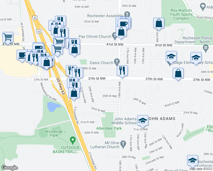 map of restaurants, bars, coffee shops, grocery stores, and more near 1845 36th Street Northwest in Rochester