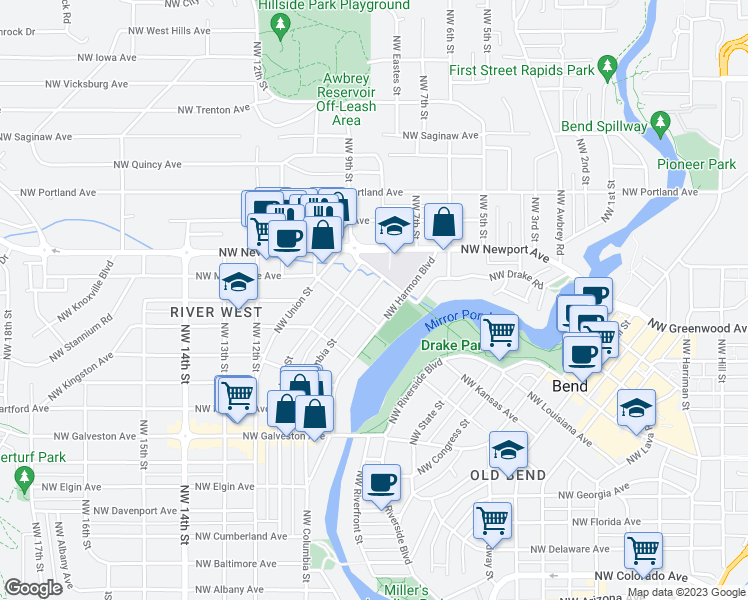 map of restaurants, bars, coffee shops, grocery stores, and more near 1334 Northwest Columbia Street in Bend