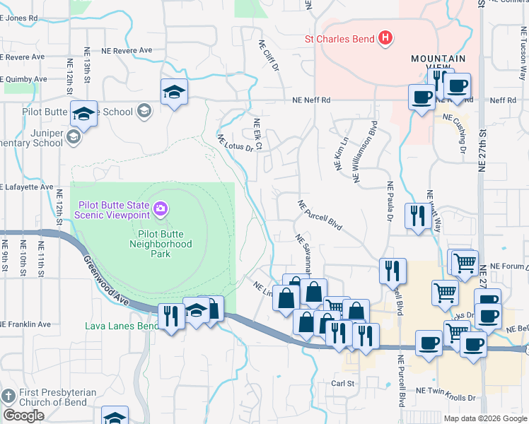map of restaurants, bars, coffee shops, grocery stores, and more near 1972 Northeast Parkview Court in Bend