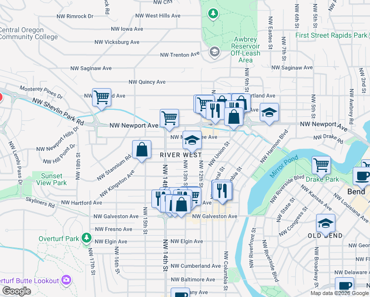 map of restaurants, bars, coffee shops, grocery stores, and more near 1201 Northwest 13th Street in Bend