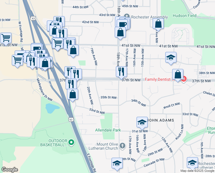 map of restaurants, bars, coffee shops, grocery stores, and more near 1839 36th Street Northwest in Rochester